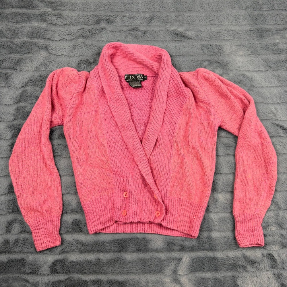 Fedora Vintage Pink Silk Angora Blend Shawl Collar Puffed Sleeve Cardigan Small